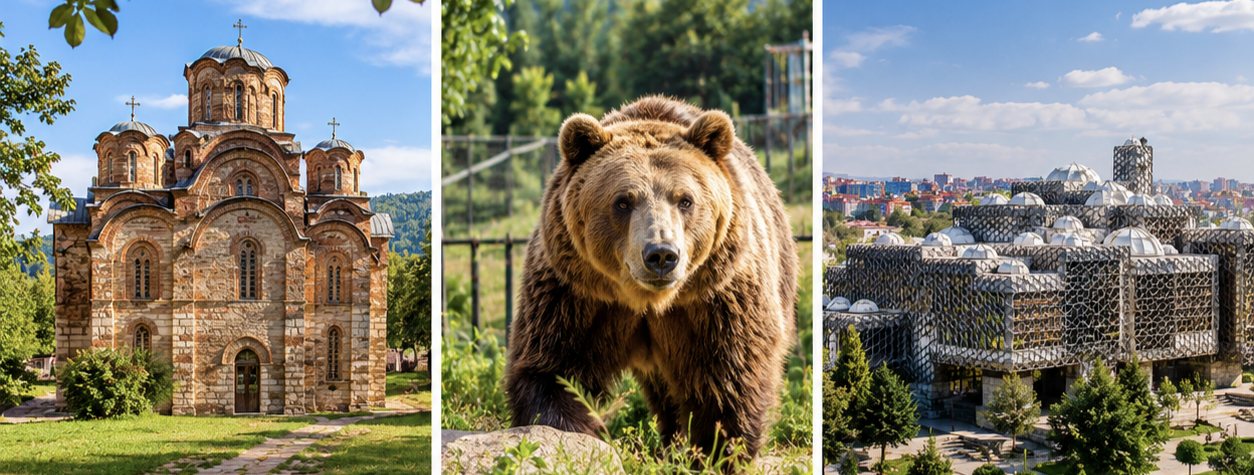 Gracanica Monastery, a rescued brown bear at the Bear Sanctuary of Prishtina and the National Library of Kosovo