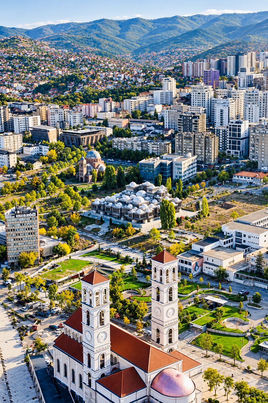 Aerial view of Prishtina with the National Library of Kosovo, Kosovo's capital city