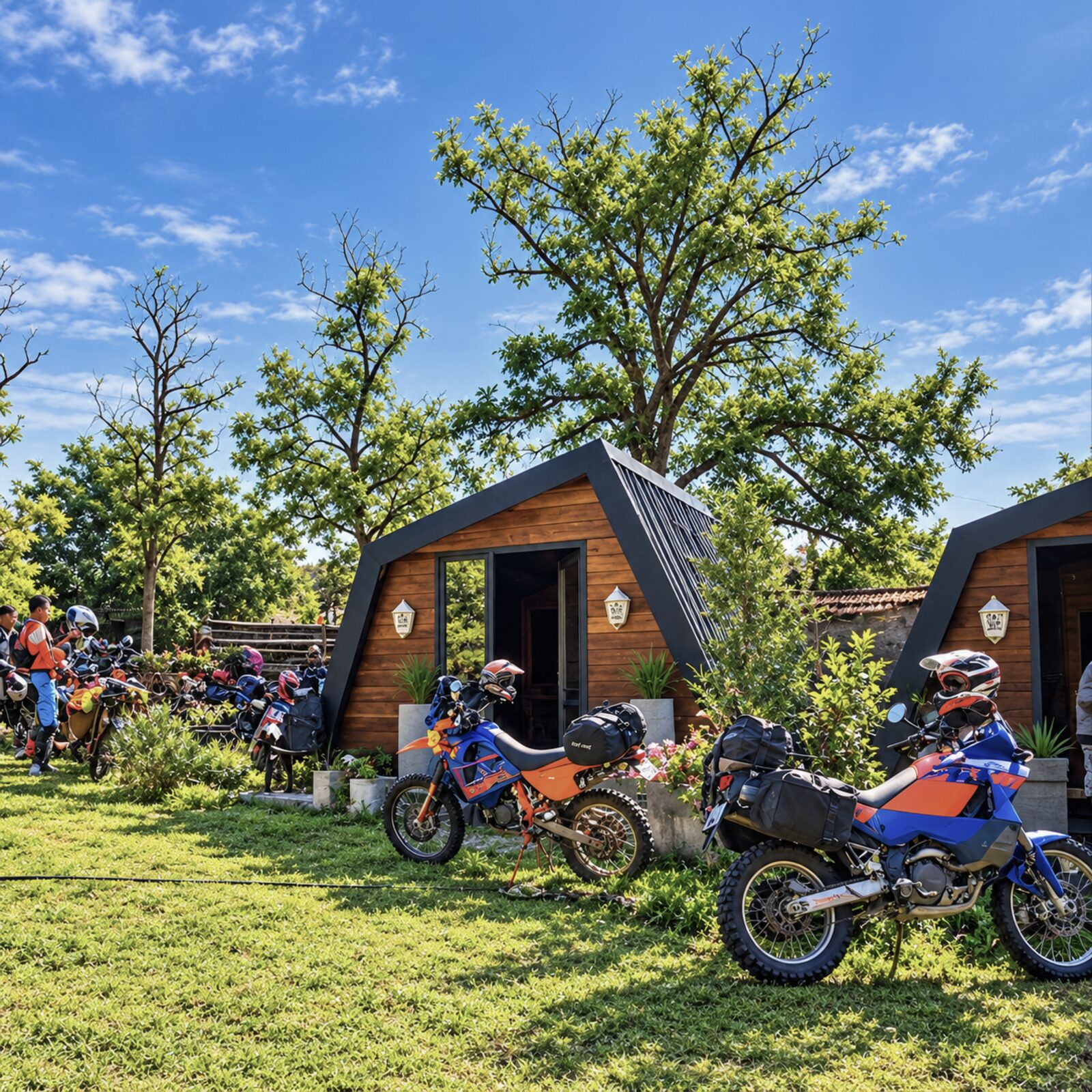 Adventure motorcycles parked outside wooden bungalows at Teddy Camp, TET Trans Euro Trail rider stopover Kosovo